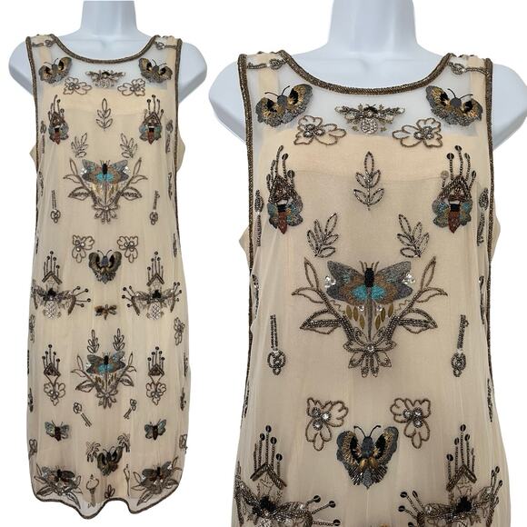 Anthropologie Floreat Insect Bug Beaded Mesh Mini Dress Size S Fairy 20s Gatsby - Picture 1 of 9